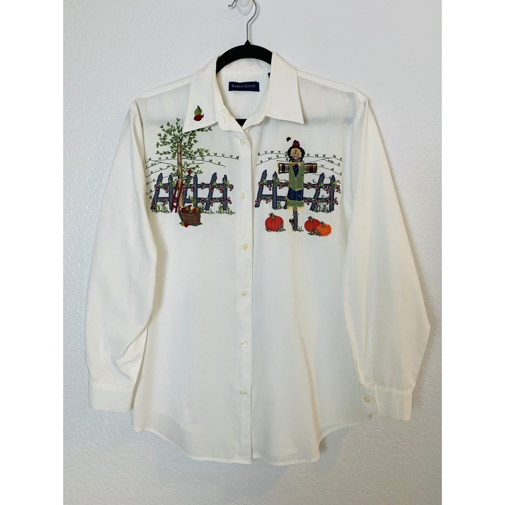 Karen Scott White Fall Embroidered Shirt Womens M Scarecrow Pumpkins Apples
